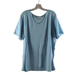 St John's Bay Blue Striped Women's Casual Shirt Short Sleeve V Neck 2X 033